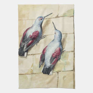 Vintage Red and Grey Bird Watercolor Art Tea Towel