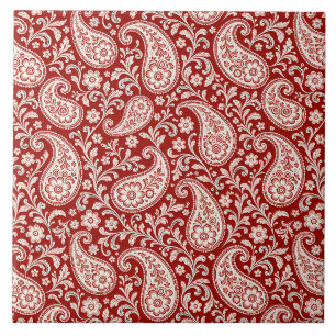 Vintage Red and Ivory Floral Paisley Tile