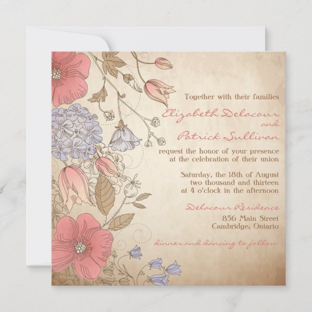 Vintage Red and Purple Flowers Wedding Invitation (Front)