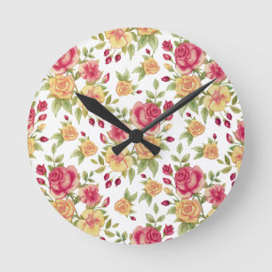 Vintage Red and Yellow Roses and Rose Bud Pattern Round Clock