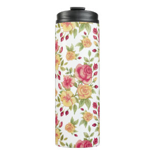 Vintage Red and Yellow Roses and Rose Bud Pattern Thermal Tumbler