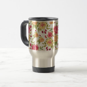 Vintage Red and Yellow Roses and Rose Bud Pattern Travel Mug