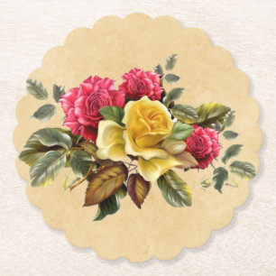 Vintage Red and Yellow Roses Floral Paper Coaster