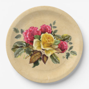Vintage Red and Yellow Roses Floral Paper Plate