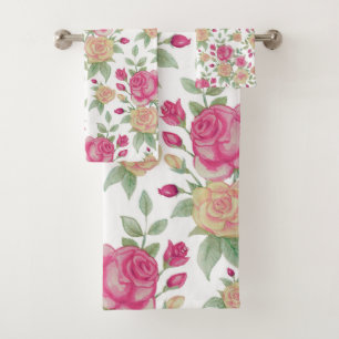 Vintage Red and Yellow Roses Watercolor Pattern Bath Towel Set