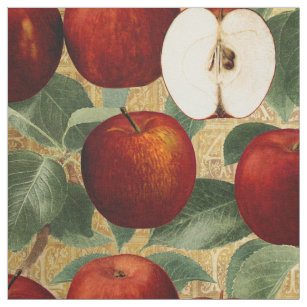 Vintage Red Apple Botanical Gold Alphabet Fabric