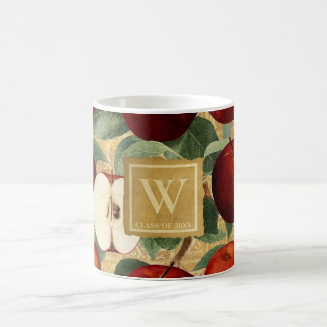 Vintage Red Apples Gold Alphabet Monogrammed Coffee Mug (Center)