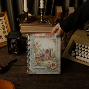 Vintage Red Barn and Farm Scene Pattern Notebook