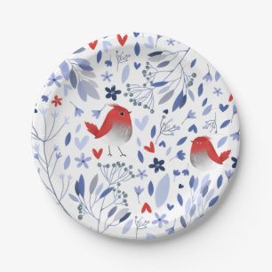 Vintage Red Bird Blue Floral Watercolor Paper Plate