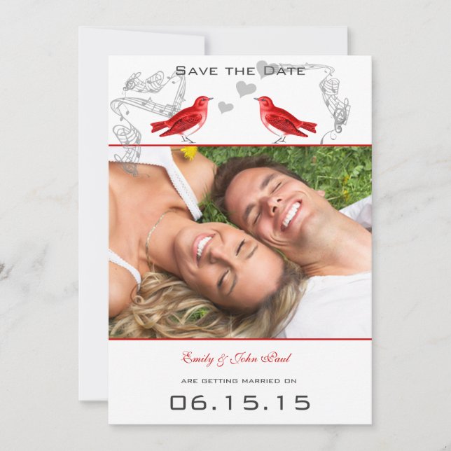 Vintage Red Birds Wedding Save the Date Invitation (Front)