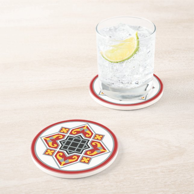 Vintage Red Black Barcelona Tile Geometric Graphic Coaster (Side)