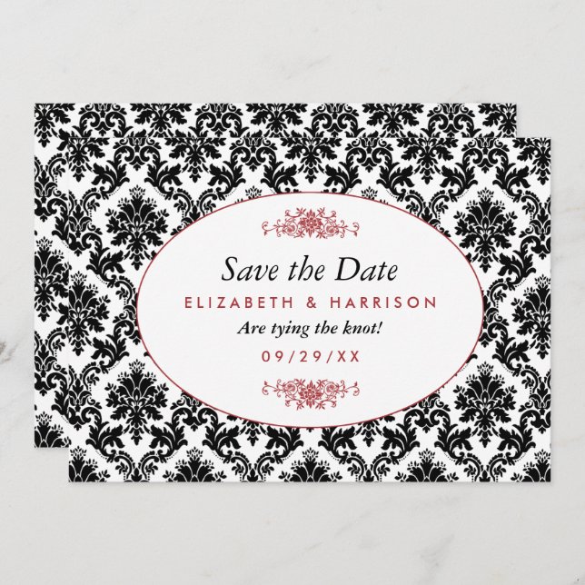 Vintage Red, Black & White Damask Save The Date (Front/Back)