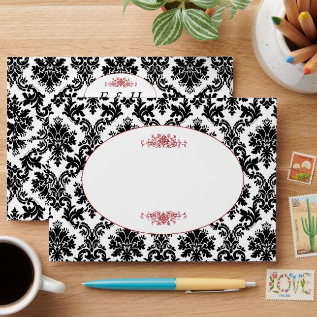 Vintage Red, Black & White Damask Wedding Envelope (Desk)