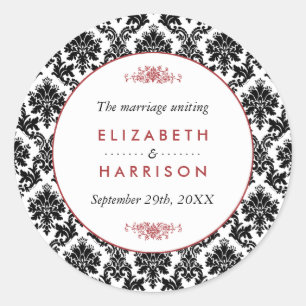 Vintage Red, Black & White Damask Wedding Favour Classic Round Sticker
