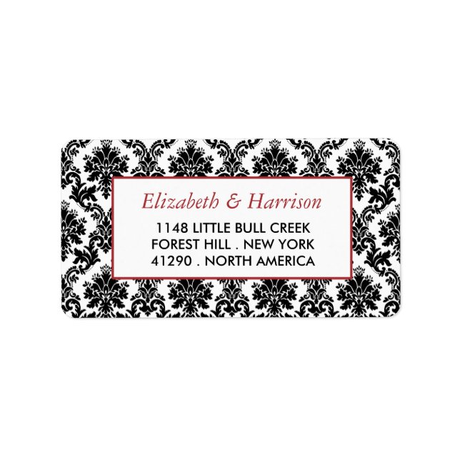 Vintage Red, Black & White Damask Wedding Label (Front)