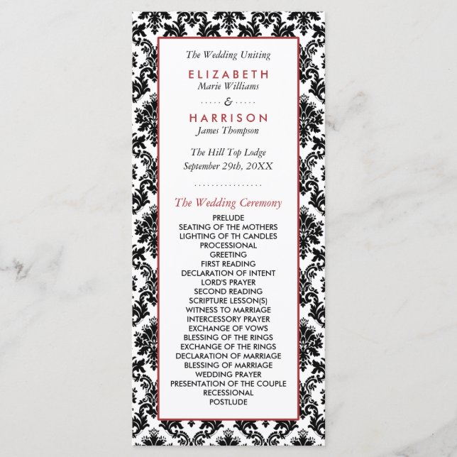 Vintage Red, Black & White Damask Wedding Program Programme (Front)