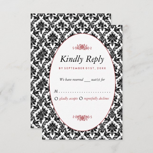 Vintage Red, Black & White Damask Wedding RSVP Card (Front/Back)