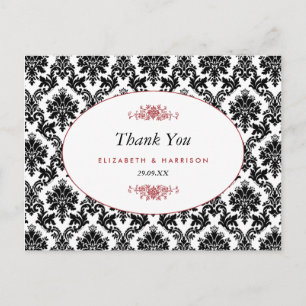 Vintage Red Black & White Damask Wedding Thank You Postcard