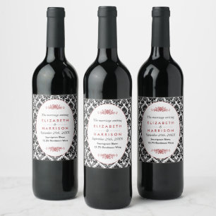 Vintage Red, Black & White Damask Wedding Wine Label