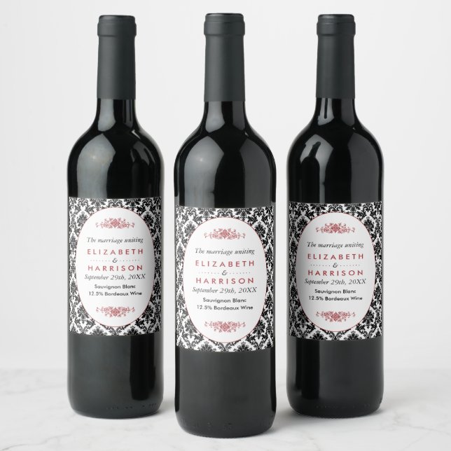 Vintage Red, Black & White Damask Wedding Wine Label (Bottles)