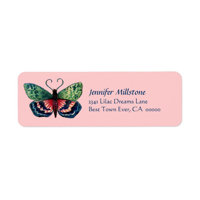 Vintage Red Blu Green Pink Butterfly Address Label (Front)