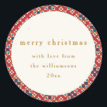 Vintage Red Blue Geometric Custom Merry Christmas Classic Round Sticker<br><div class="desc">These festive round Christmas stickers bring a classic holiday touch to your celebrations, featuring a rich red geometric border and refined gold text. Ideal for sealing gift bags, envelopes, or adding a personal touch to holiday cards, these stickers are customisable with your family's name and year, making them a perfect...</div>
