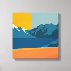 Vintage Red & Blue Mountain Art – Retro Landscape  Canvas Print