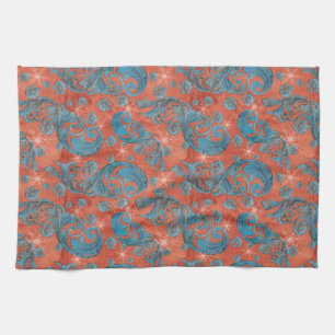 Vintage Red Blue Scrolls with snowflakes Tea Towel