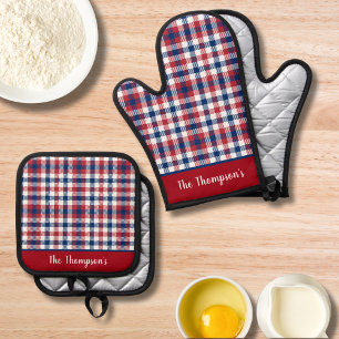 Vintage Red Blue White Plaid Pattern Kitchen Oven Mitt & Pot Holder Set