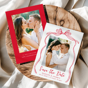 Vintage Red Bow 2 Photo Wedding Save The Date