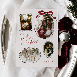 Vintage Red Bow Christmas Family Photo Collage Holiday Card