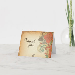 Vintage red brown floral wedding thank you card