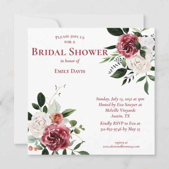 Vintage Red Burgundy White Roses Bridal Shower Invitation (Front)