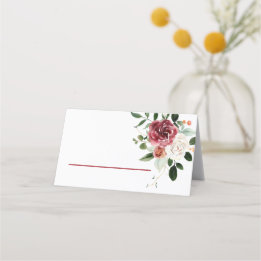 Vintage Red Burgundy White Roses Roses Floral Plac Place Card