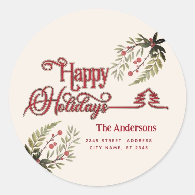 Vintage Red calligraphy Happy Holidays Classic Round Sticker (Front)