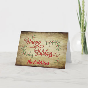 Vintage Red calligraphy Happy Holidays holly Holid Holiday Card