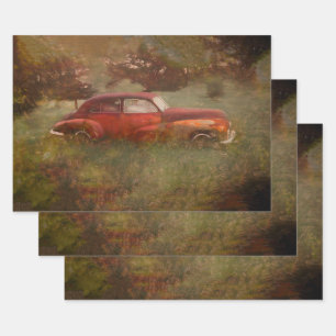 Vintage Red Car Antique Old Rustic Art Decoupage Wrapping Paper Sheet