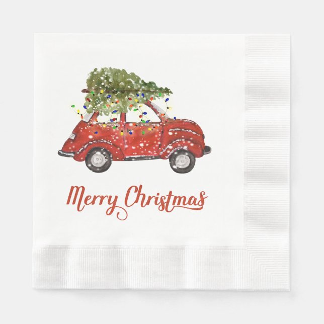 Vintage Red Car Christmas Paper Napkins (Front)