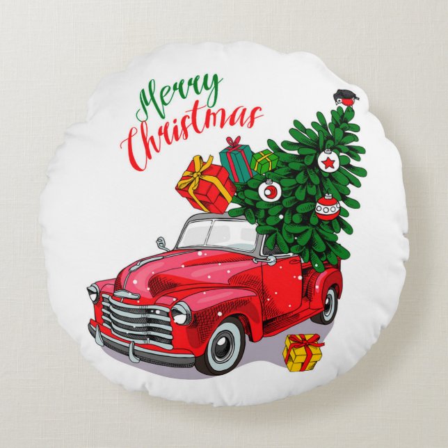 Vintage Red car  Christmas Round Cushion (Front)