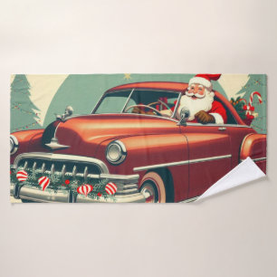 Vintage red car & Santa Bath Towel