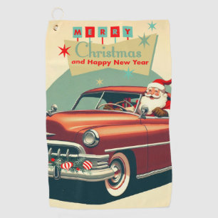 Vintage red car & Santa Golf Towel