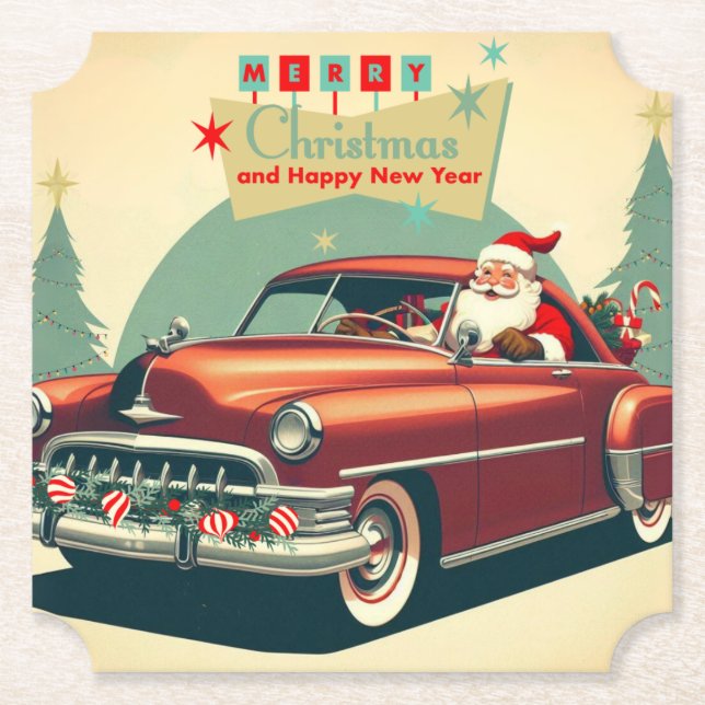 Vintage red car & Santa Paper Coaster (Front)