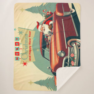 Vintage red car & Santa Sherpa Blanket