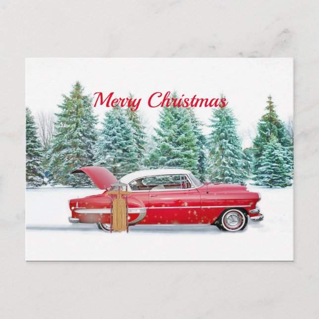 Vintage Red Car Snow Sled Christmas Postcard (Front)