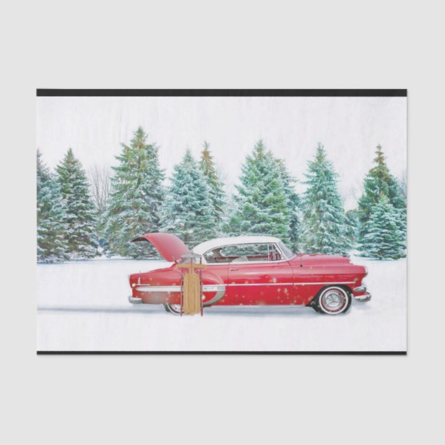 Vintage Red Car Snow Sled Tissue Paper (Front)