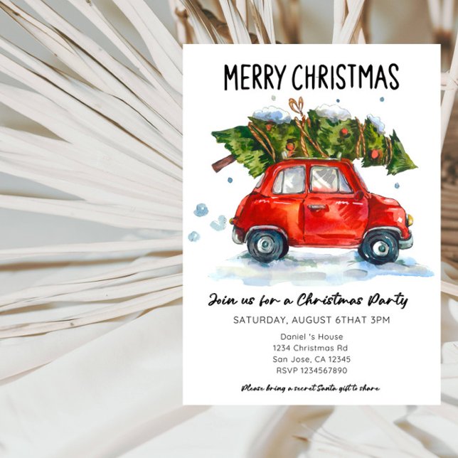 Vintage Red Car with Gifts Holiday Party Invitation (Creator Uploaded)