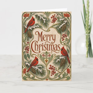 Vintage Red Cardinal Garden Christmas Card