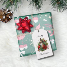 Vintage Red Cardinal Holly Christmas Gift Tag
