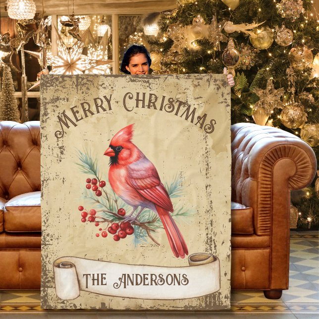 Vintage Red Cardinal Merry Christmas Fleece Blanket (Creator Uploaded)