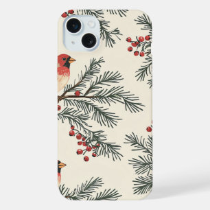 Vintage Red Cardinal Pine Berry Cream Christmas iPhone 15 Plus Case